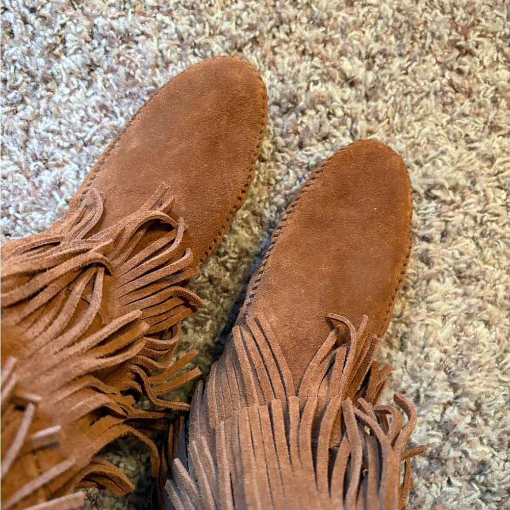 Minnetonka Fringe Suede Knee-High Boots - Brown - Picture 3 of 5